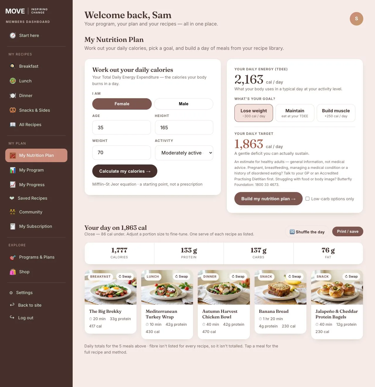 A day of meals built to a 1,863 calorie target inside the members dashboard