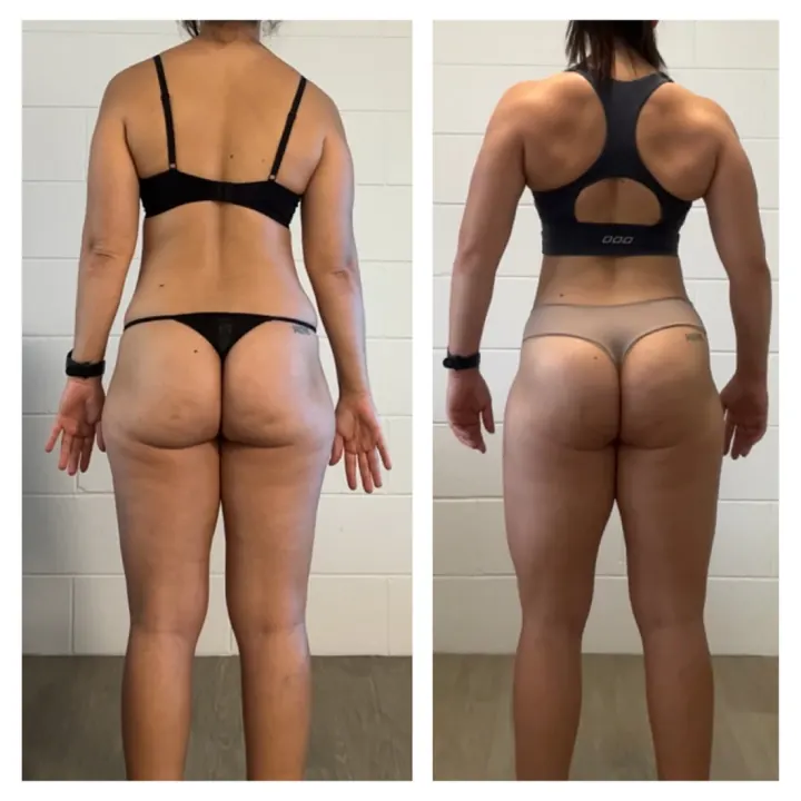 Rachel's own before-and-after progress photos, back view